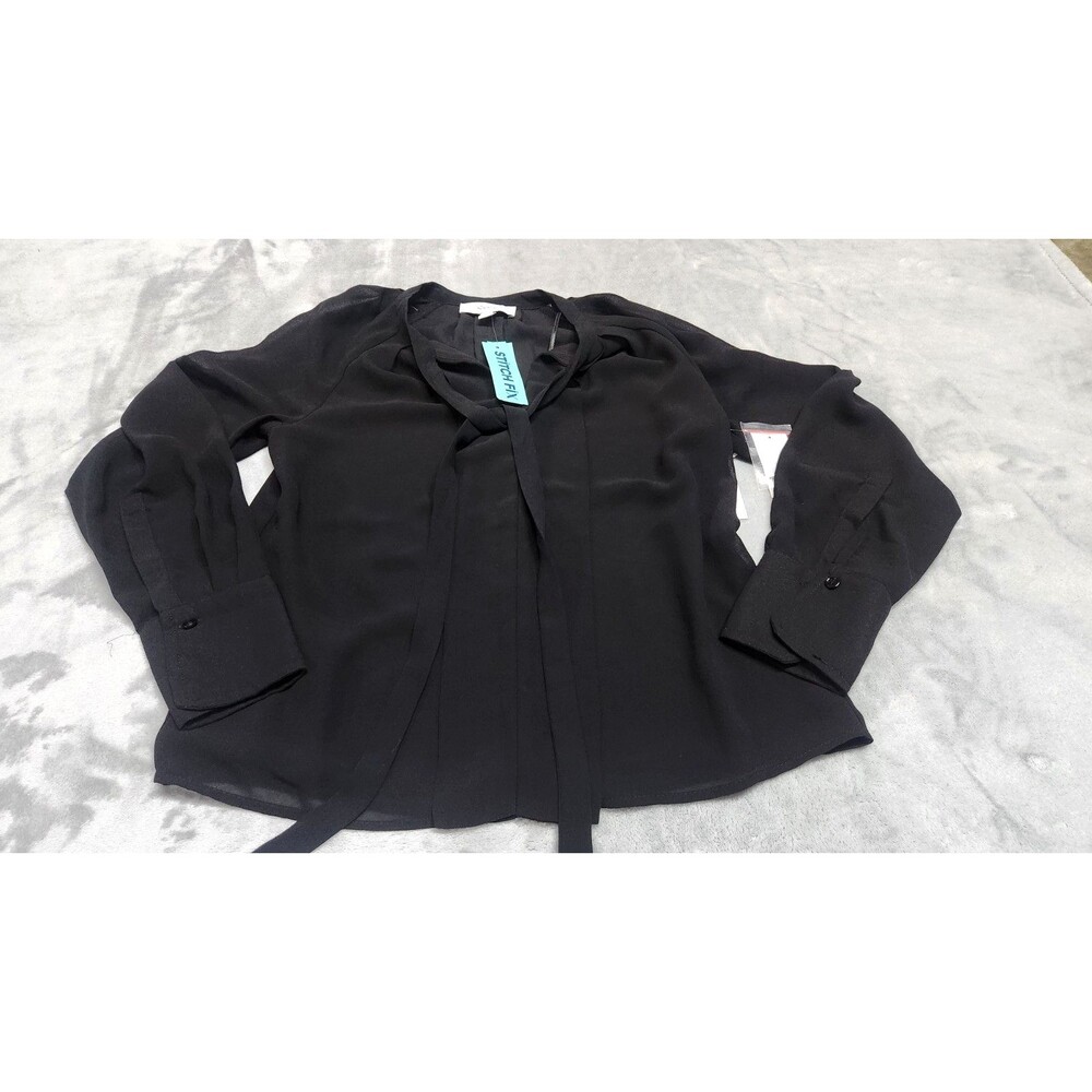 CeCe Sportswear XS Black Long Sleeve Neck Tie Pleats Top‎ NWT